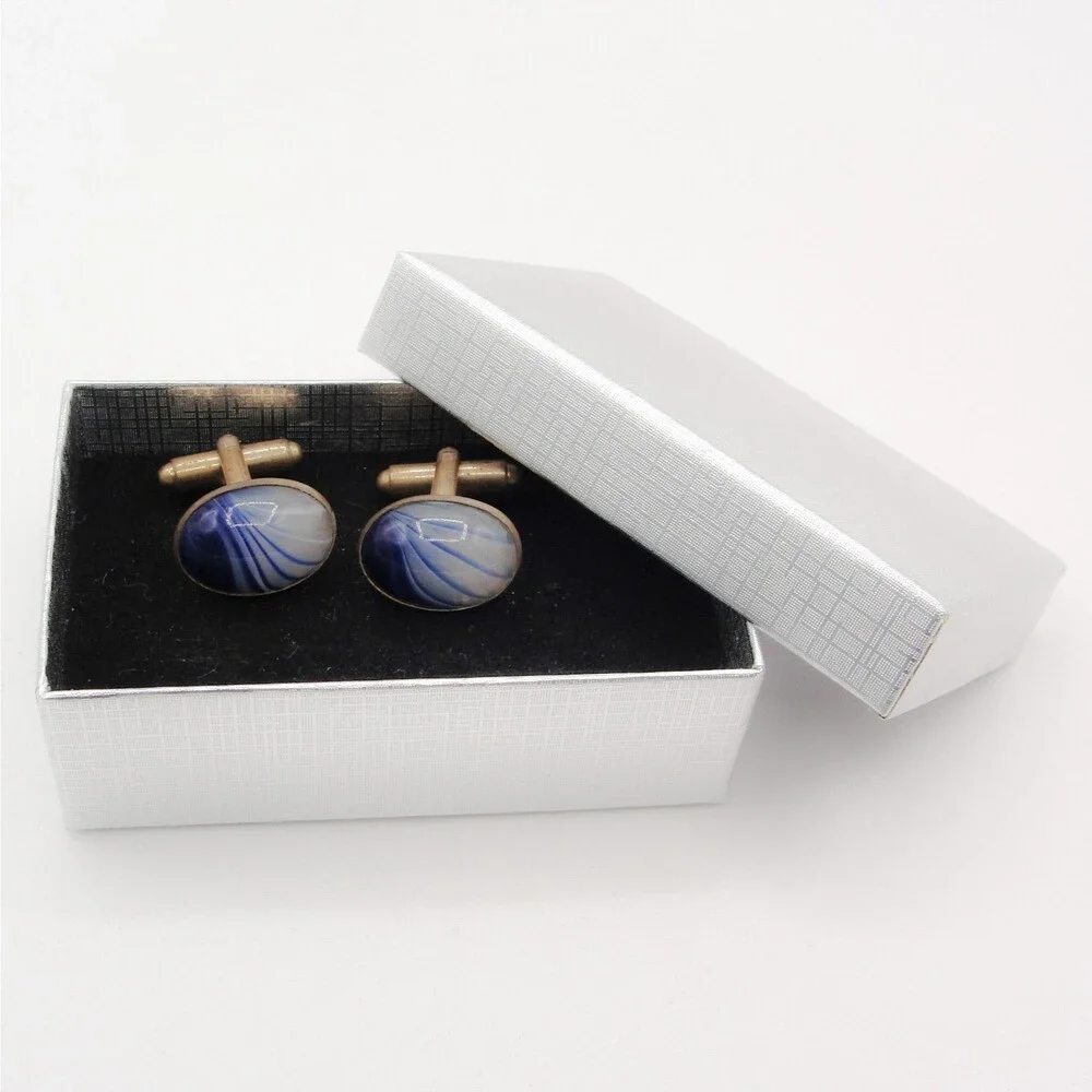 Vintage Gold Tone Blue White Swirl Glass Oval Cufflinks Retro MCM Classic